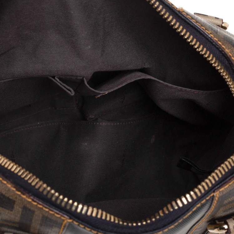 Pre Owned Fendi Black/Tobacco Zucca Coated Canvas and Nylon Boston Bag