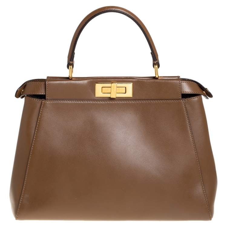 Pre Owned Fendi Brown Leather Medium Peekaboo Top Handle Bag