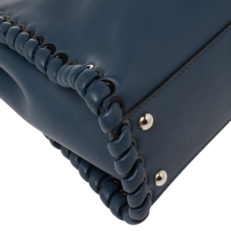 Pre Owned Fendi Blue Leather Medium Whipstitched Peekaboo Top Handle Bag