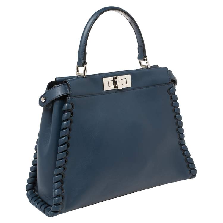 Pre Owned Fendi Blue Leather Medium Whipstitched Peekaboo Top Handle Bag