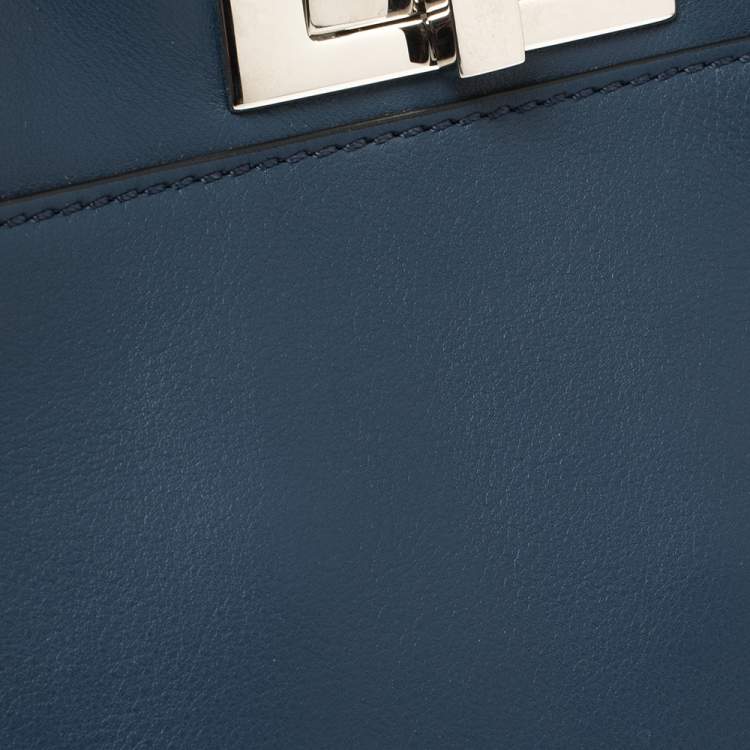 Pre Owned Fendi Blue Leather Medium Whipstitched Peekaboo Top Handle Bag