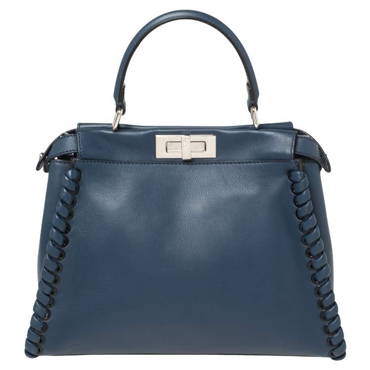 Pre Owned Fendi Blue Leather Medium Whipstitched Peekaboo Top Handle Bag