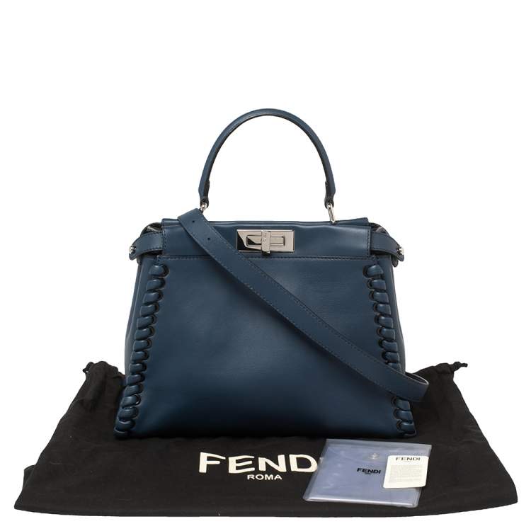 Pre Owned Fendi Blue Leather Medium Whipstitched Peekaboo Top Handle Bag