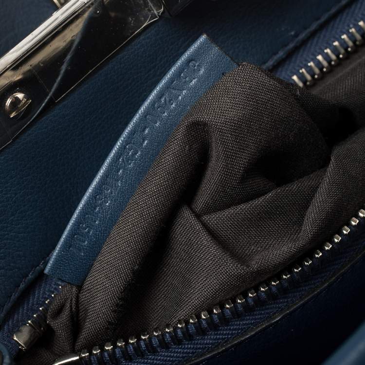 Pre Owned Fendi Blue Leather Medium Whipstitched Peekaboo Top Handle Bag