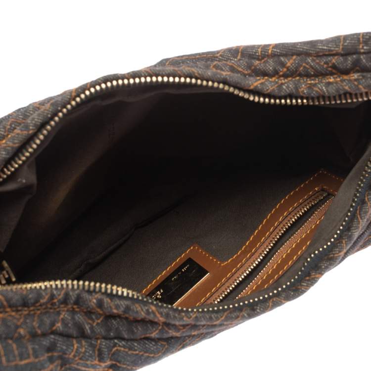 Pre Owned Fendi Navy Blue Zucca Denim and Leather Chef Chain Link Hobo