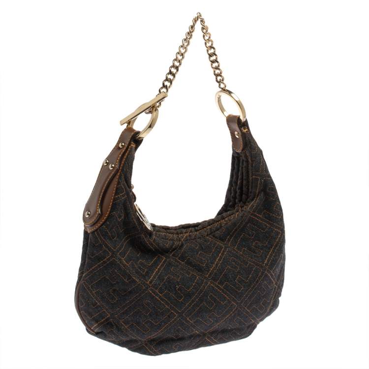Pre Owned Fendi Navy Blue Zucca Denim and Leather Chef Chain Link Hobo