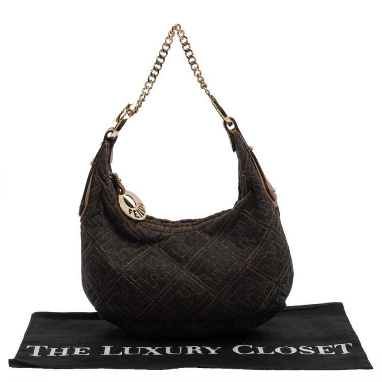 Pre Owned Fendi Navy Blue Zucca Denim and Leather Chef Chain Link Hobo