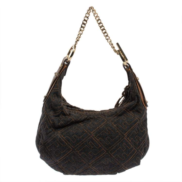 Pre Owned Fendi Navy Blue Zucca Denim and Leather Chef Chain Link Hobo