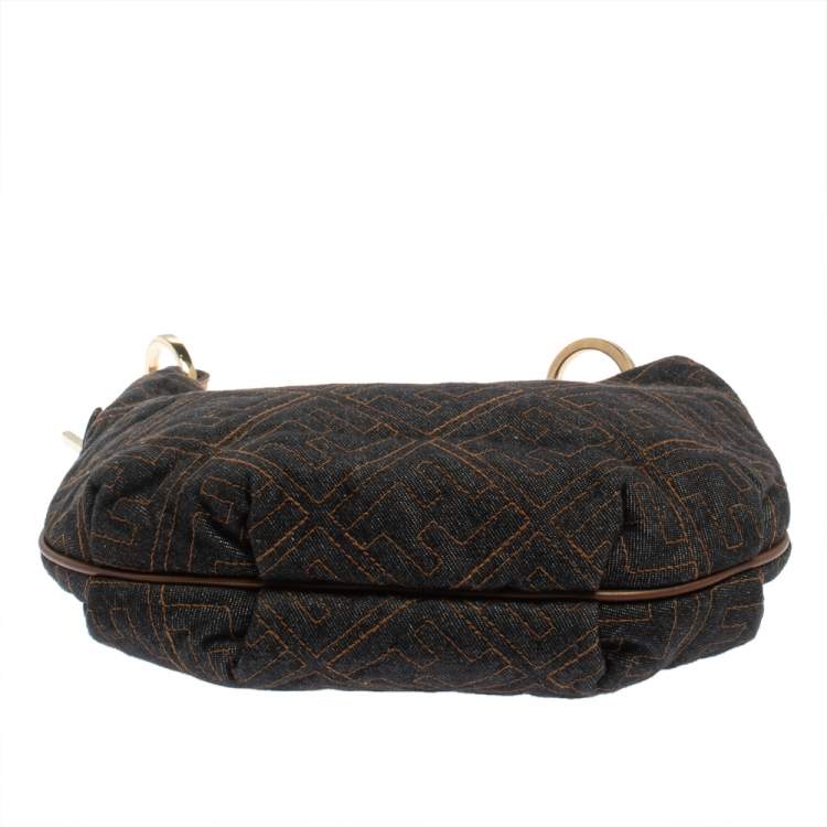 Pre Owned Fendi Navy Blue Zucca Denim and Leather Chef Chain Link Hobo