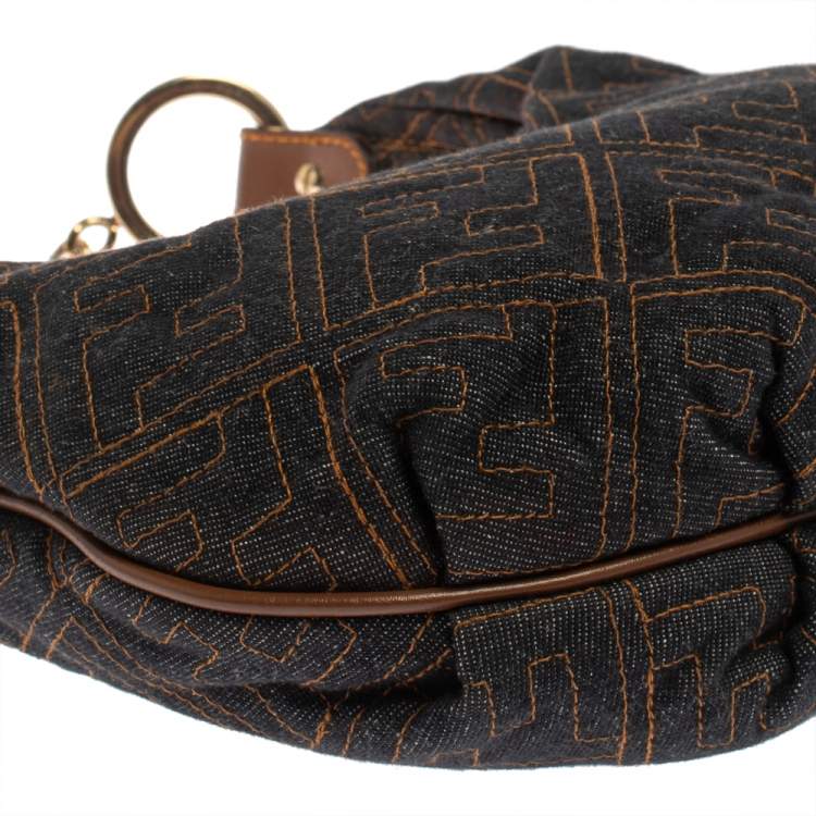 Pre Owned Fendi Navy Blue Zucca Denim and Leather Chef Chain Link Hobo