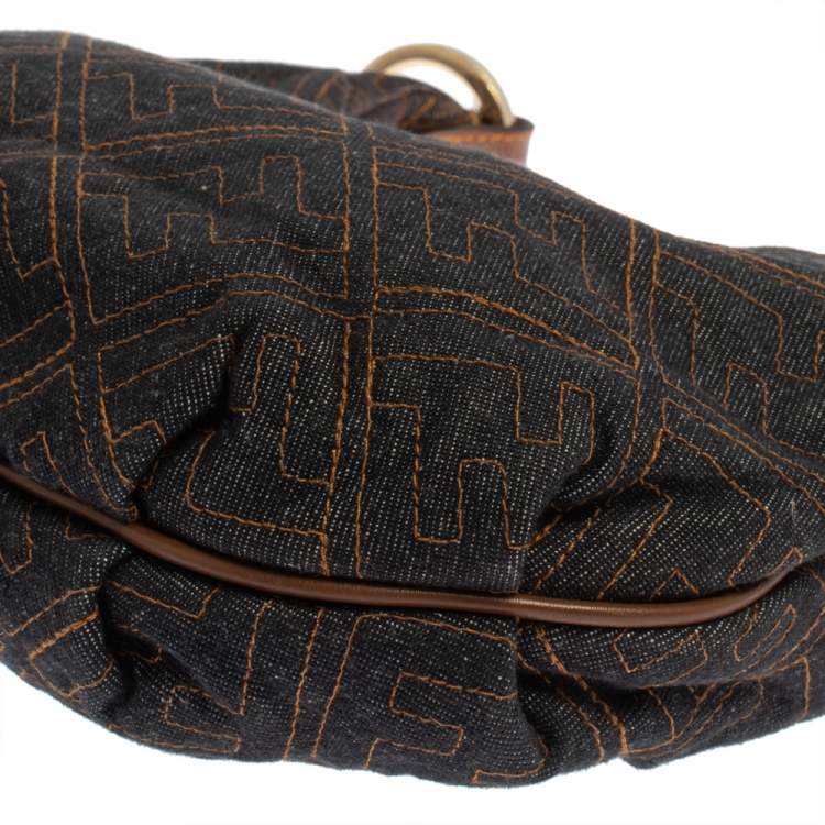 Pre Owned Fendi Navy Blue Zucca Denim and Leather Chef Chain Link Hobo