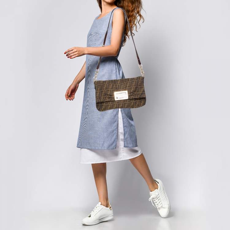 Pre Owned Fendi Tobacco Zucca Canvas and Patent Leather Mia Crossbody Bag