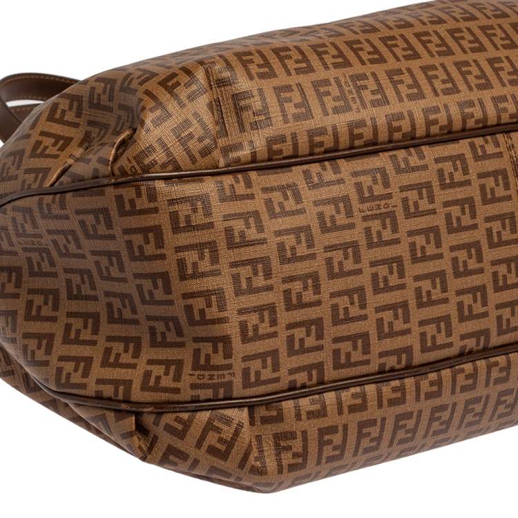 Pre Owned Fendi Brown Zucchino Coated Canvas and Leather Chiusura Tote