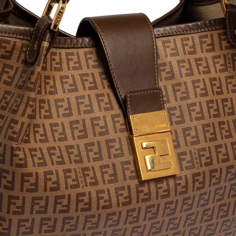 Pre Owned Fendi Brown Zucchino Coated Canvas and Leather Chiusura Tote