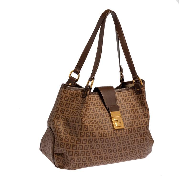 Pre Owned Fendi Brown Zucchino Coated Canvas and Leather Chiusura Tote