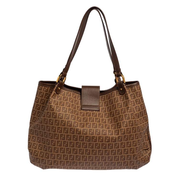 Pre Owned Fendi Brown Zucchino Coated Canvas and Leather Chiusura Tote