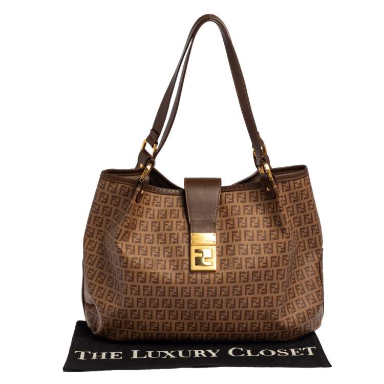 Pre Owned Fendi Brown Zucchino Coated Canvas and Leather Chiusura Tote