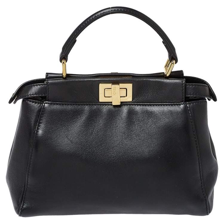 Pre Owned Fendi Black Leather Mini Peekaboo Top Handle Bag