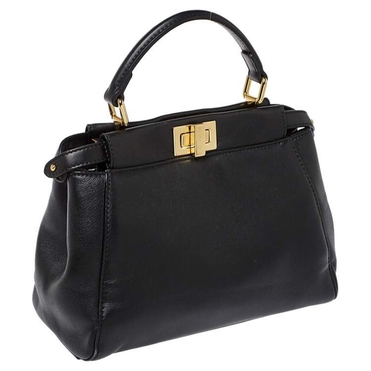 Pre Owned Fendi Black Leather Mini Peekaboo Top Handle Bag