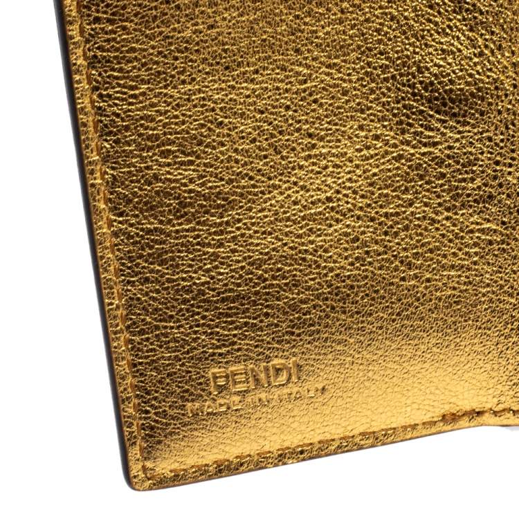 Pre Owned Fendi Gold Logo Embossed Leather Micro FF Trifold Wallet