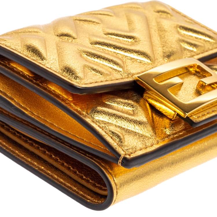 Pre Owned Fendi Gold Logo Embossed Leather Micro FF Trifold Wallet