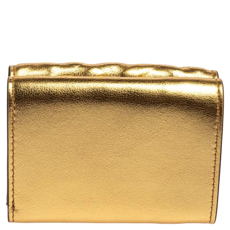 Pre Owned Fendi Gold Logo Embossed Leather Micro FF Trifold Wallet