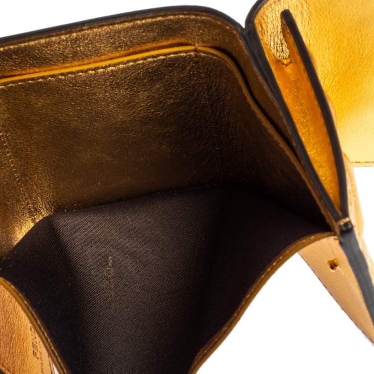 Pre Owned Fendi Gold Logo Embossed Leather Micro FF Trifold Wallet