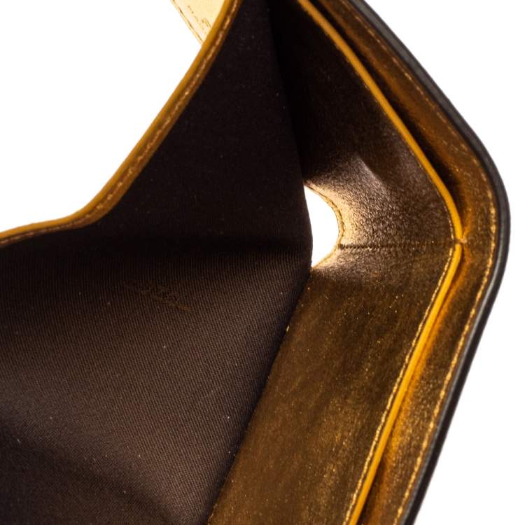 Pre Owned Fendi Gold Logo Embossed Leather Micro FF Trifold Wallet
