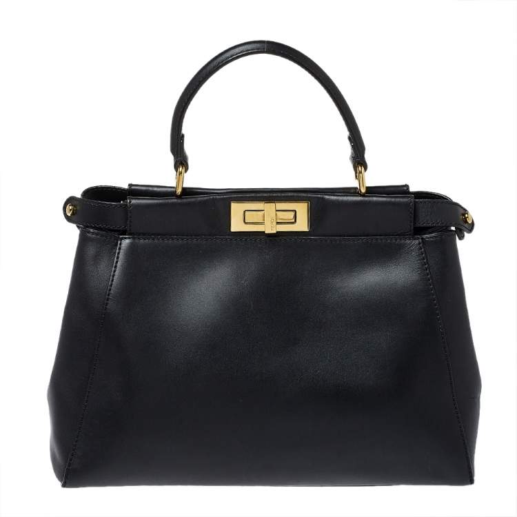 Pre Owned Fendi Black Leather Medium Peekaboo Top Handle Bag