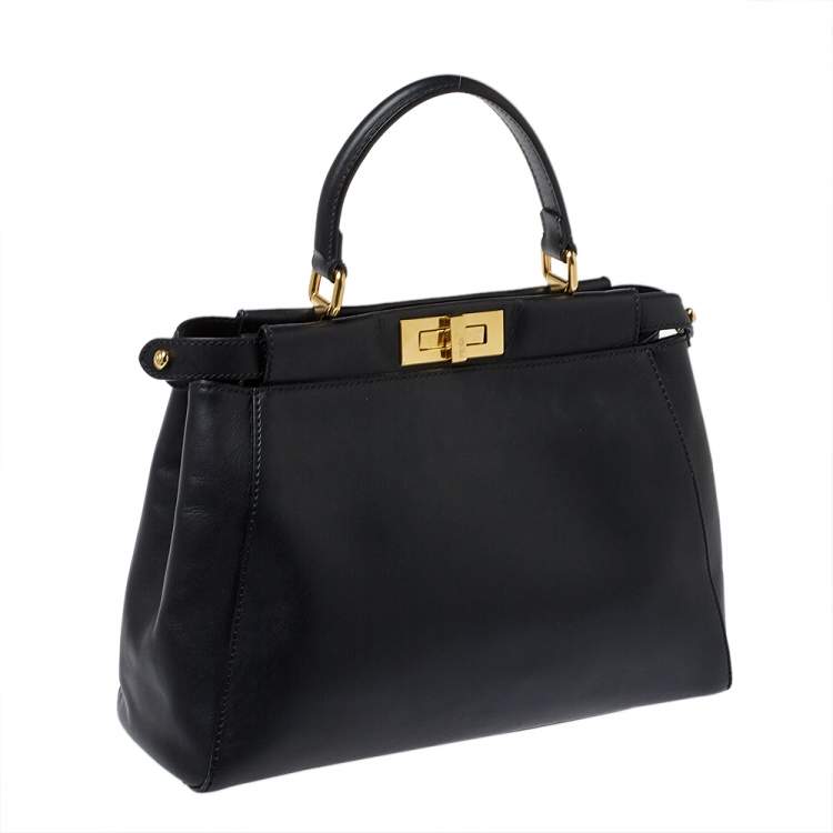 Pre Owned Fendi Black Leather Medium Peekaboo Top Handle Bag