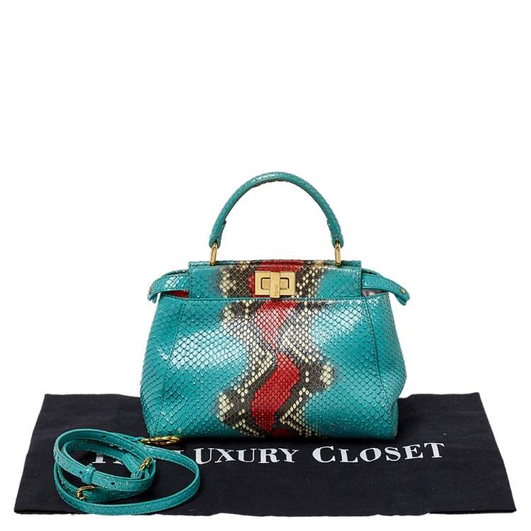Pre Owned Fendi Turquoise/Red Python Mini Peekaboo Top Handle Bag