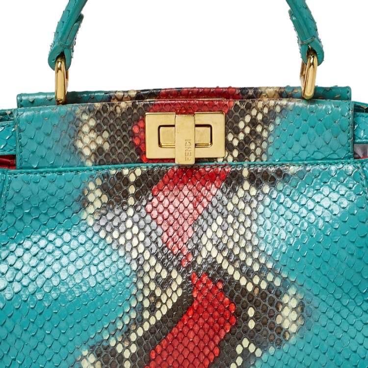 Pre Owned Fendi Turquoise/Red Python Mini Peekaboo Top Handle Bag