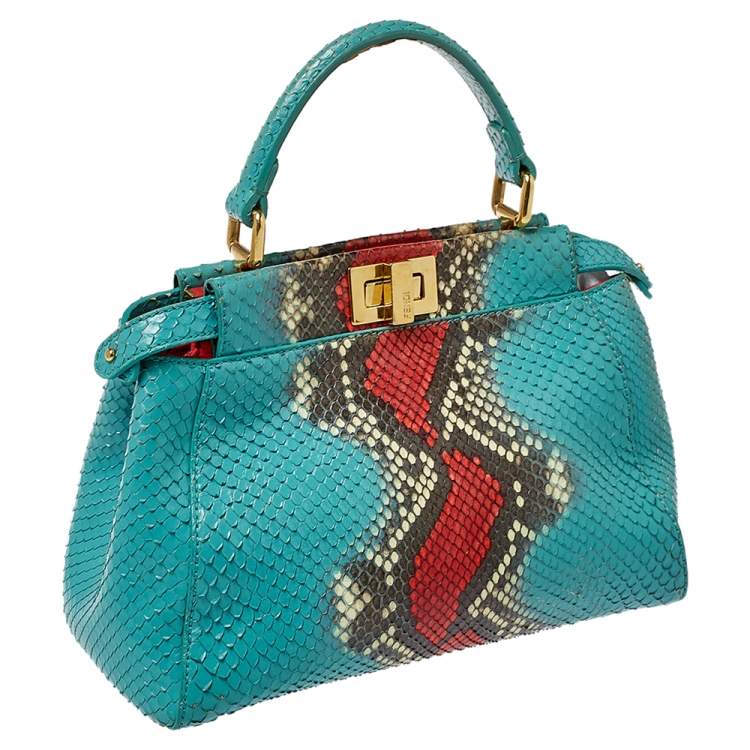 Pre Owned Fendi Turquoise/Red Python Mini Peekaboo Top Handle Bag