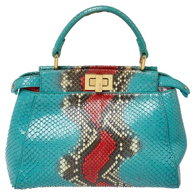 Pre Owned Fendi Turquoise/Red Python Mini Peekaboo Top Handle Bag