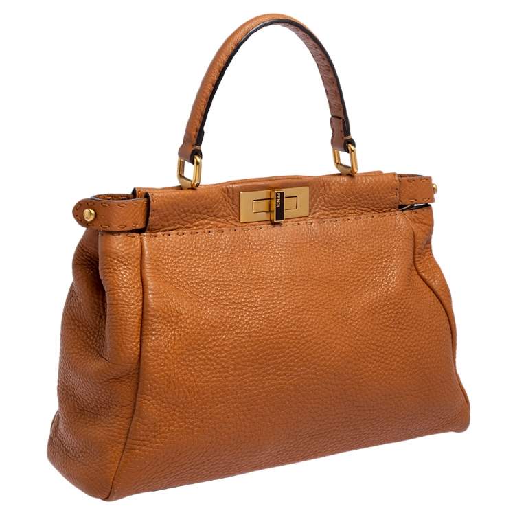 Pre Owned Fendi Tan Leather Medium Selleria Peekaboo Top Handle Bag
