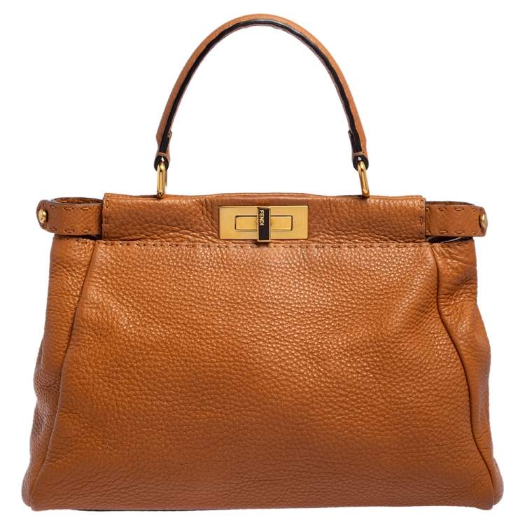 Pre Owned Fendi Tan Leather Medium Selleria Peekaboo Top Handle Bag