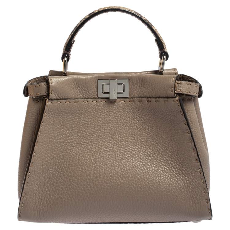 Pre Owned Fendi Beige Leather and Python Mini Peekaboo Top Handle Bag