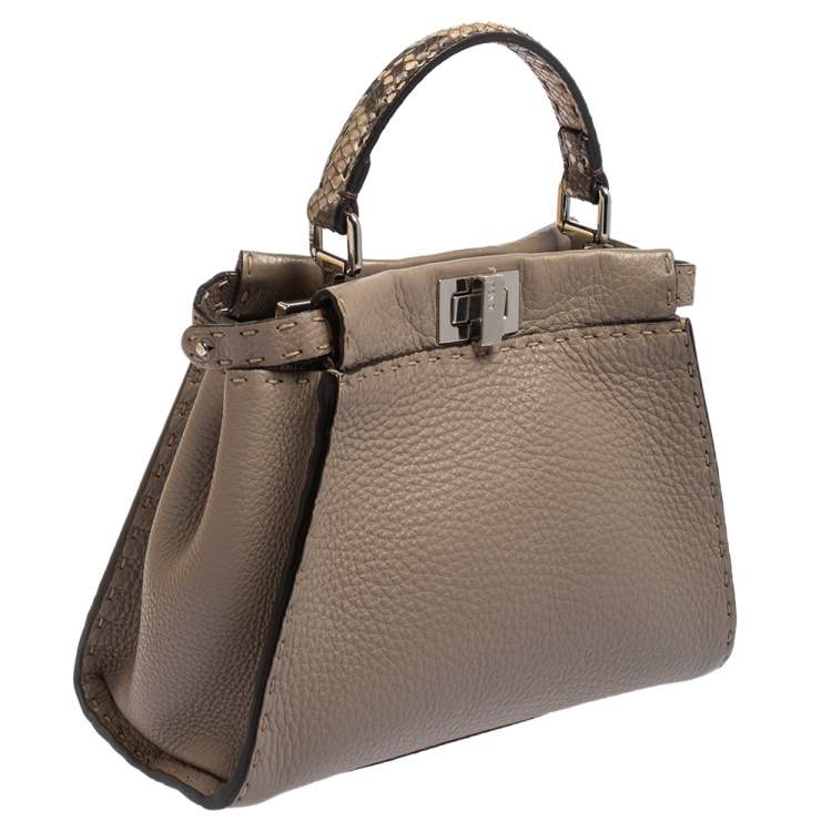 Pre Owned Fendi Beige Leather and Python Mini Peekaboo Top Handle Bag