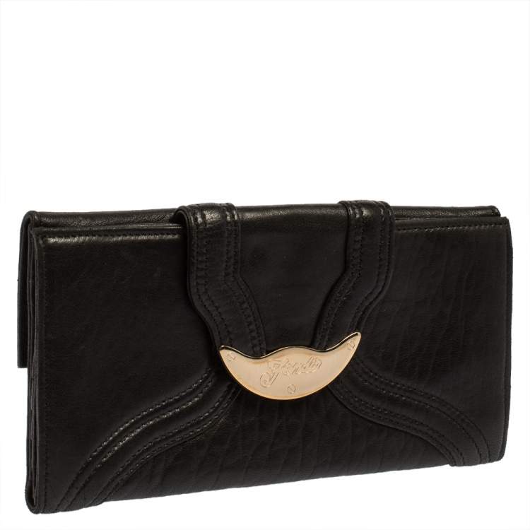 Pre Owned Fendi Black Soft Leather Logo Flap Continental Wallet