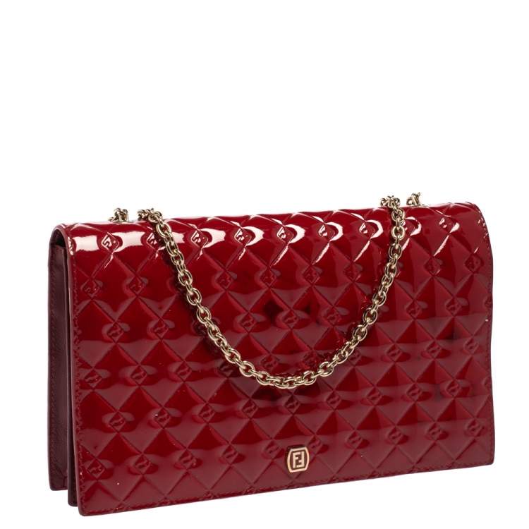 Pre Owned Fendi Red Patent Leather Fendilicious Wallet on Chain