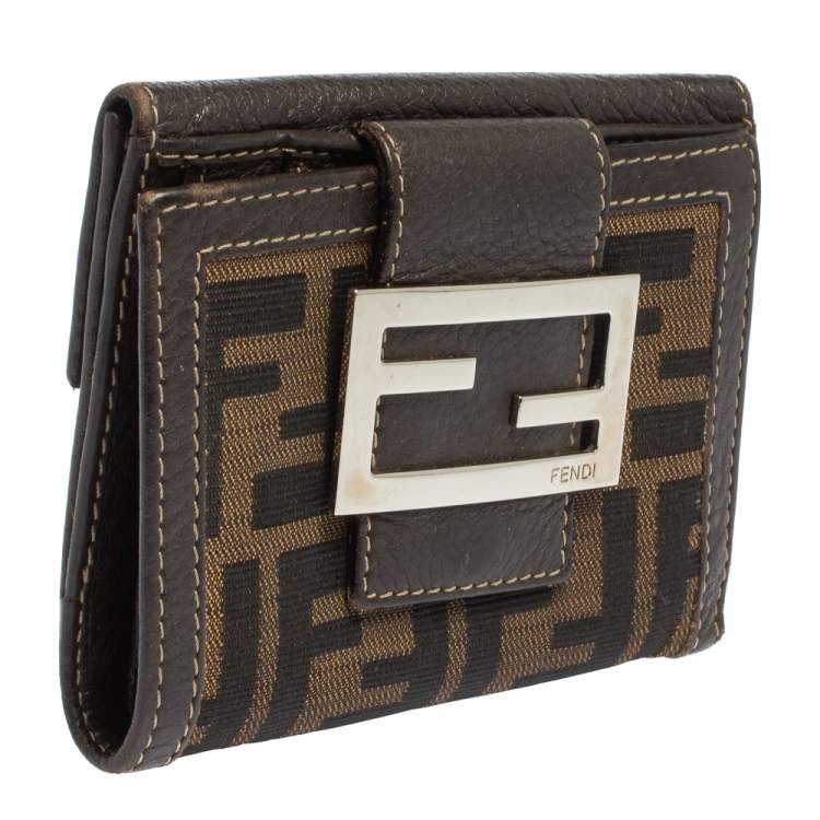 Pre Owned Fendi Tobacco Zucca Canvas and Leather Compact Wallet