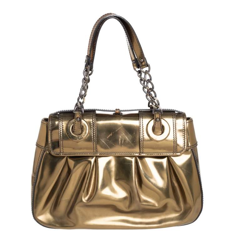 Pre Owned Fendi Gold Mirrored Leather B Shoulder Bag