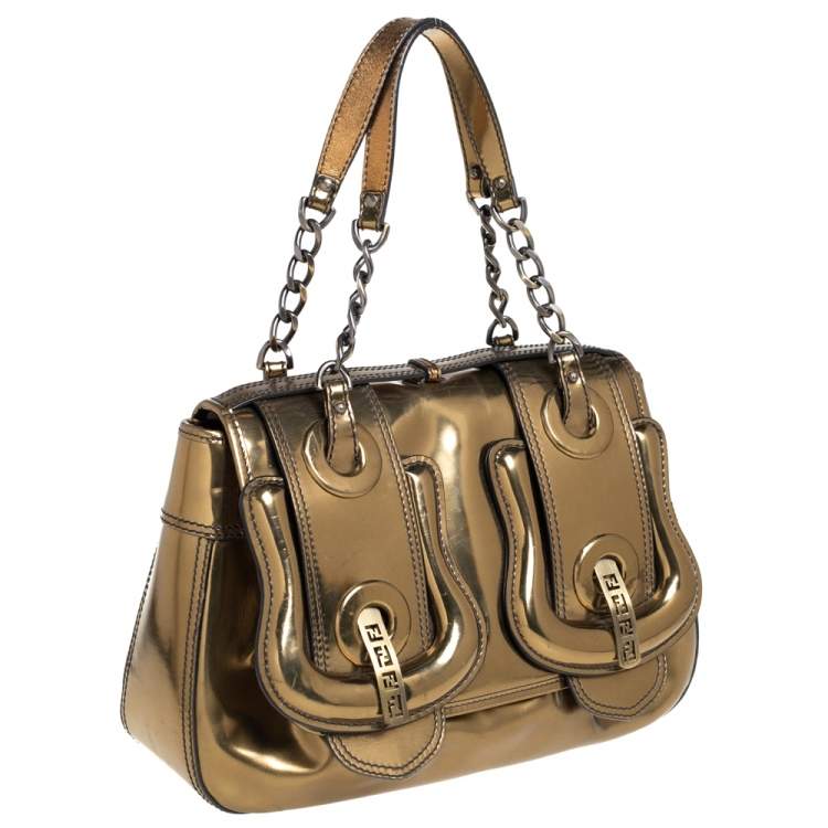 Pre Owned Fendi Gold Mirrored Leather B Shoulder Bag