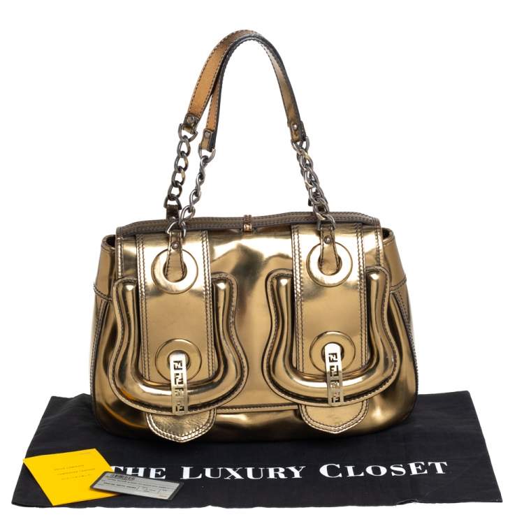 Pre Owned Fendi Gold Mirrored Leather B Shoulder Bag