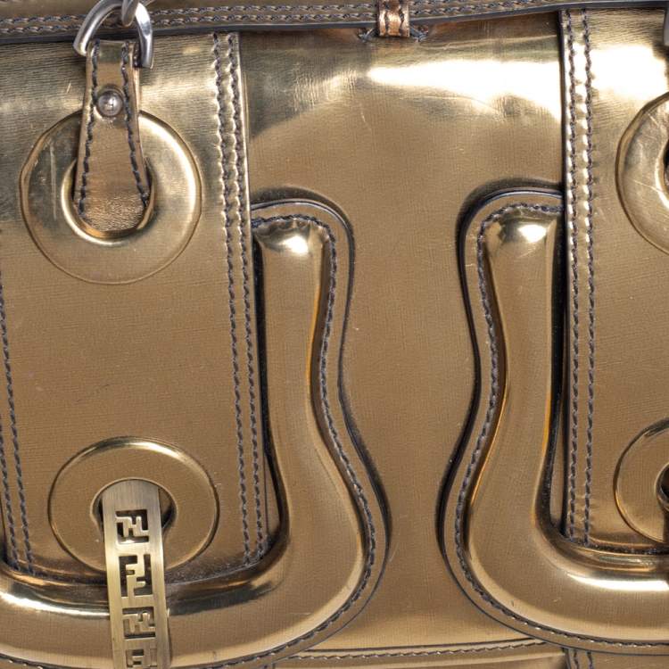 Pre Owned Fendi Gold Mirrored Leather B Shoulder Bag