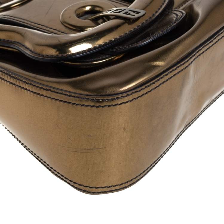 Pre Owned Fendi Gold Mirrored Leather B Shoulder Bag