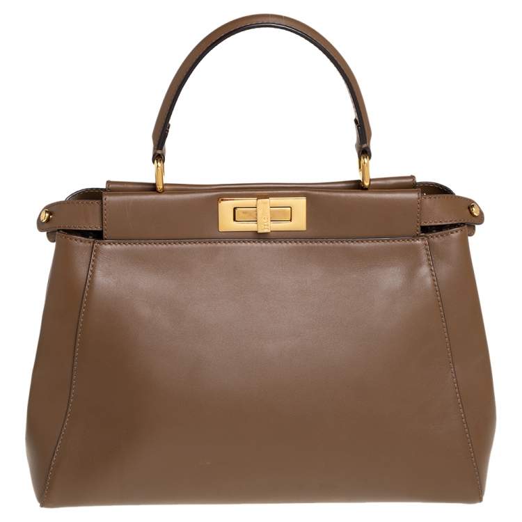 Pre Owned Fendi Brown Leather Medium Peekaboo Top Handle Bag
