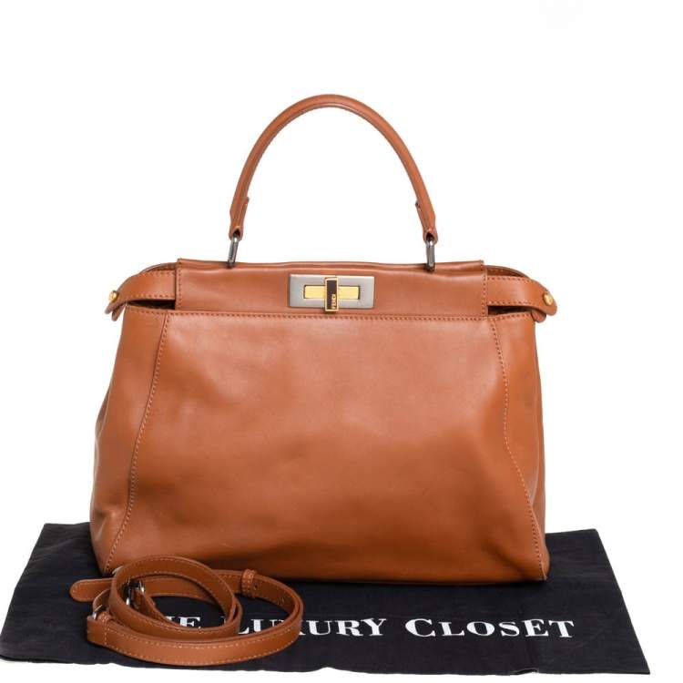 Pre Owned Fendi Brown Leather Peekaboo Top Handle Bag