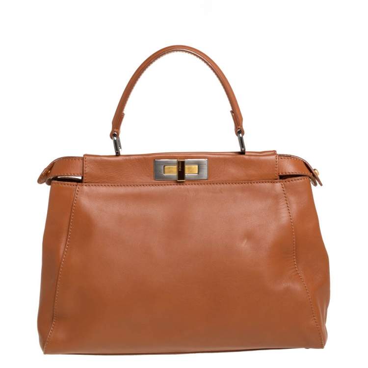 Pre Owned Fendi Brown Leather Peekaboo Top Handle Bag