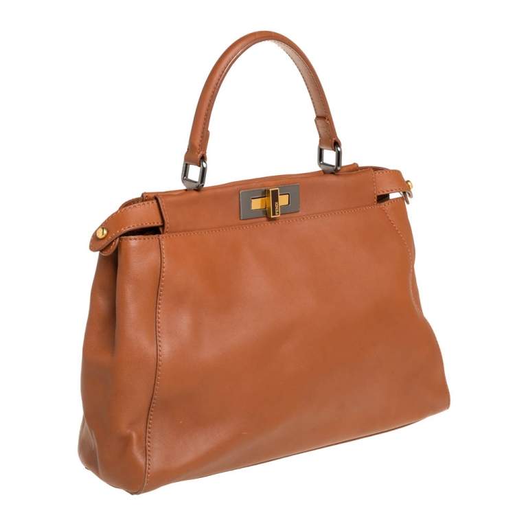 Pre Owned Fendi Brown Leather Peekaboo Top Handle Bag